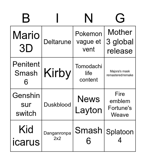 Nintendo direct Bingo Card