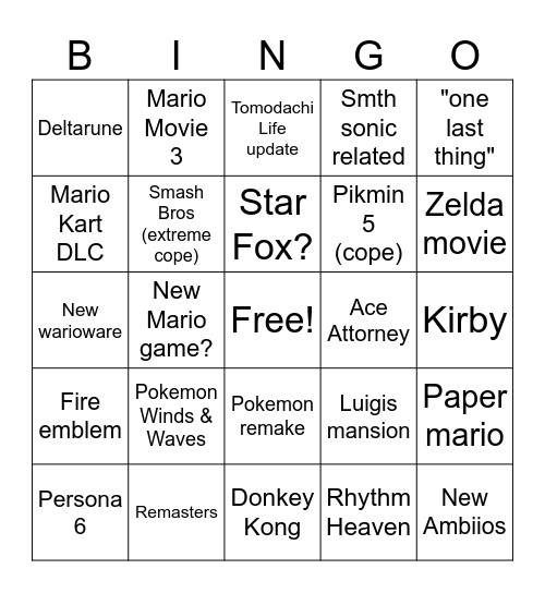 Nintendo Direct Bingo Card