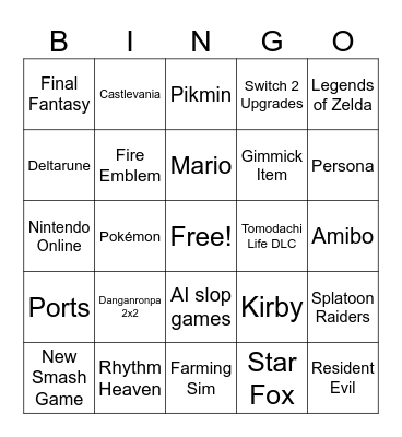 Nintendo Direct 6/9/26 Bingo Card