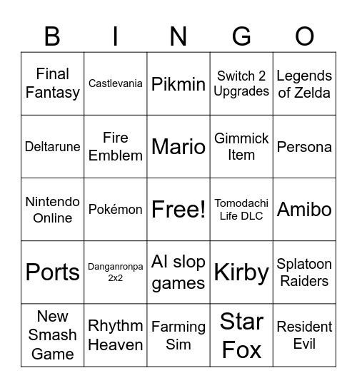 Nintendo Direct 6/9/26 Bingo Card