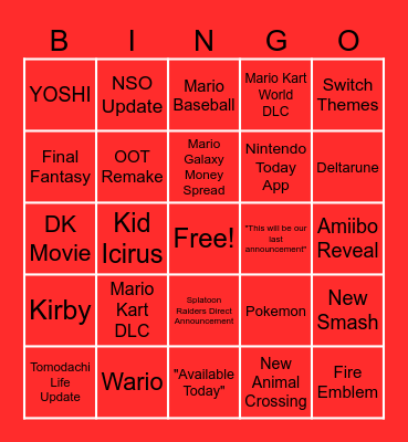 Nintendo Direct June 2026 Bingo Card