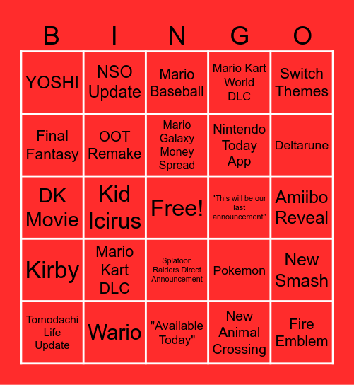 Nintendo Direct June 2026 Bingo Card