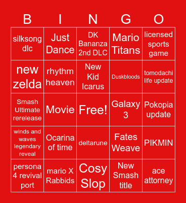 Nintendo Direct Bingo Card