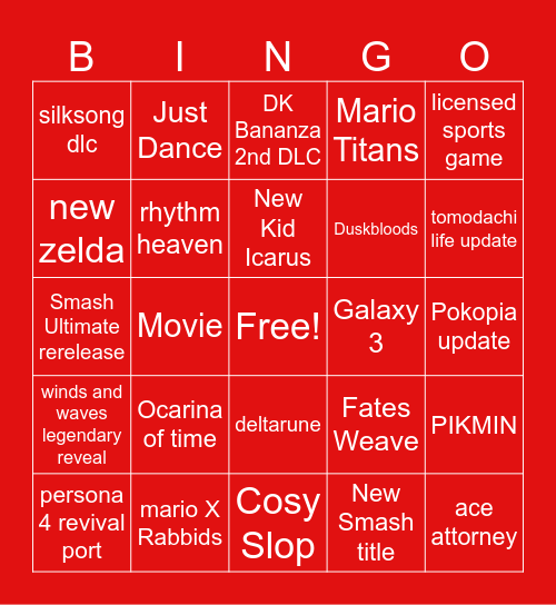 Nintendo Direct Bingo Card