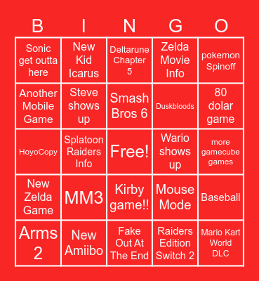 Nintendo Direct 6.9.2026 Bingo Card
