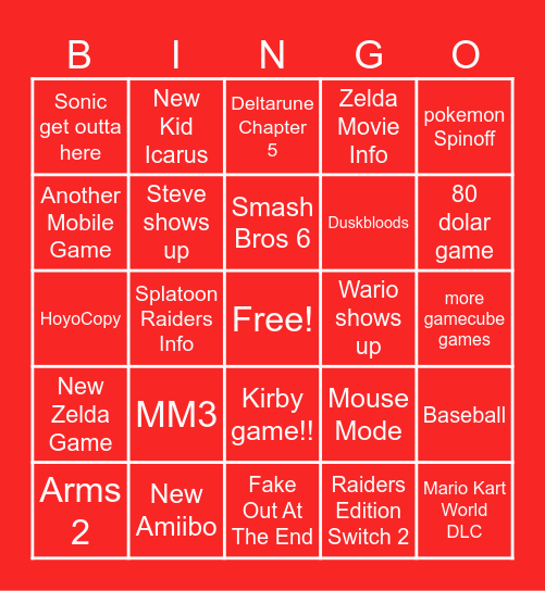 Nintendo Direct 6.9.2026 Bingo Card