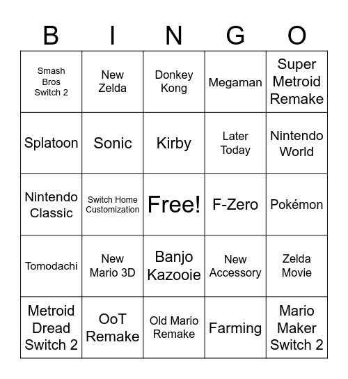 Nintendo Direct - June 2026 Bingo Card