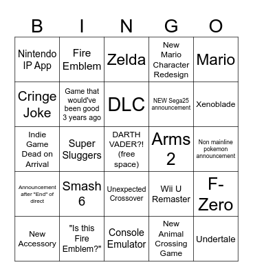 Nintendo Direct Bingo Card