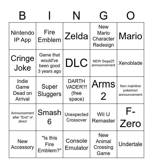 Nintendo Direct Bingo Card