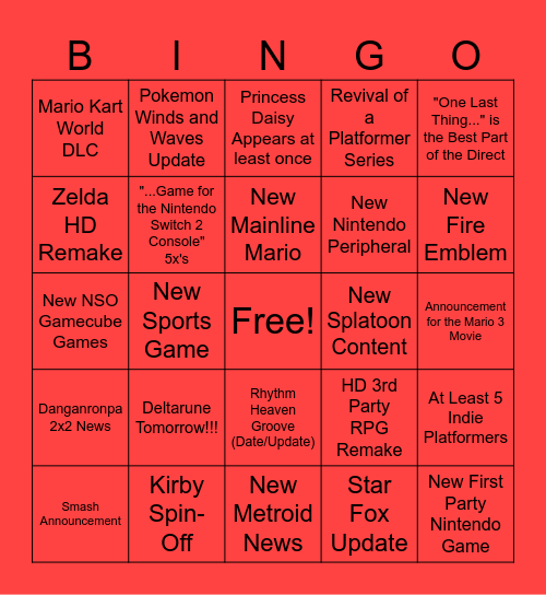 6/9 Nintendo Direct Bingo Card