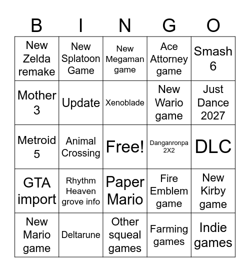Nintendo Direct Bingo Card