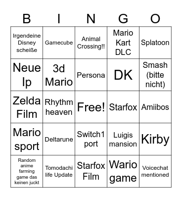 Nintendo direct Bingo Card