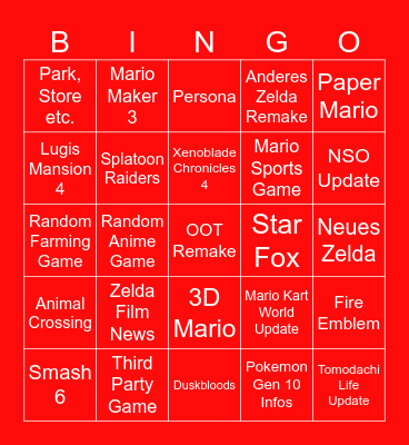 Nintendo Direct Bingo Card