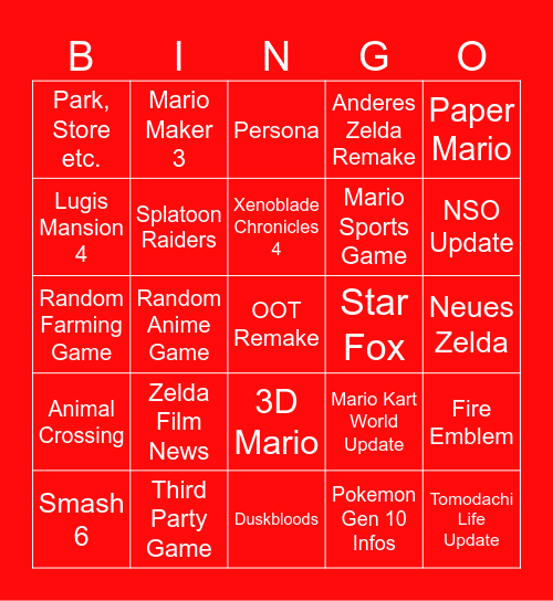 Nintendo Direct Bingo Card