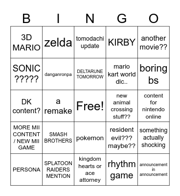 Nintendo Direct Bingo Card