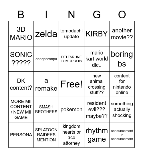 Nintendo Direct Bingo Card