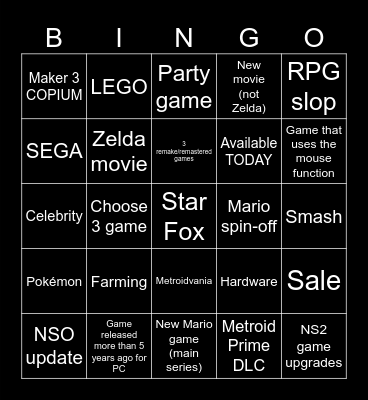 Nintendo Direct 09/jun Bingo Card