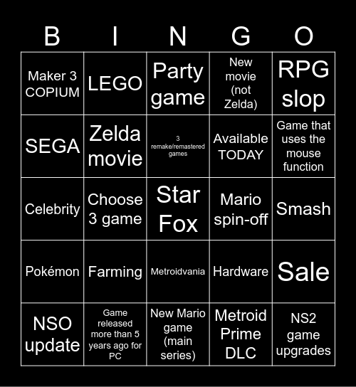 Nintendo Direct 09/jun Bingo Card