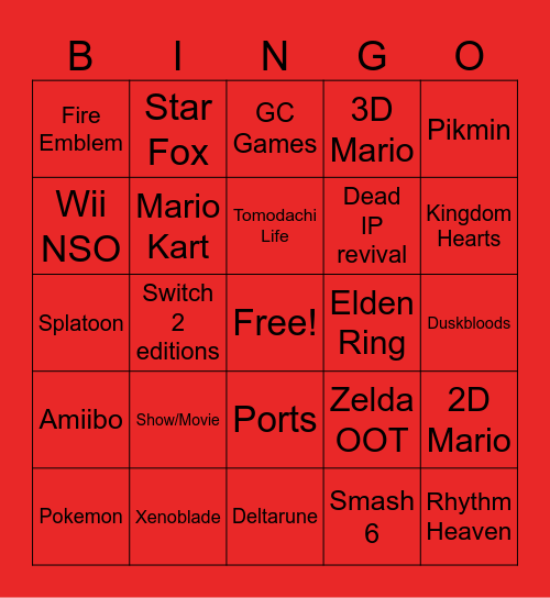 Nintendo Direct Bingo Card