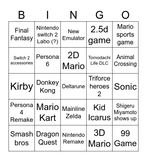 Nintendo Direct 2026 Bingo Card