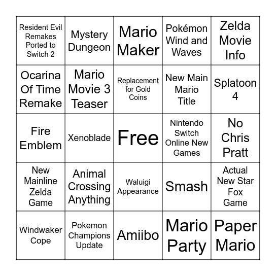 Nintendo Direct June 2026 Bingo Card
