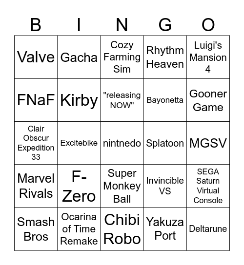 dihtendo dihrect Bingo Card
