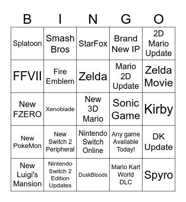 Nintendo Bingo Card
