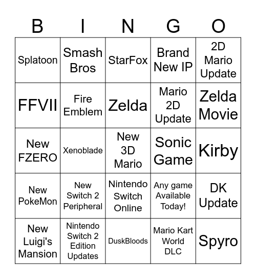 Nintendo Bingo Card