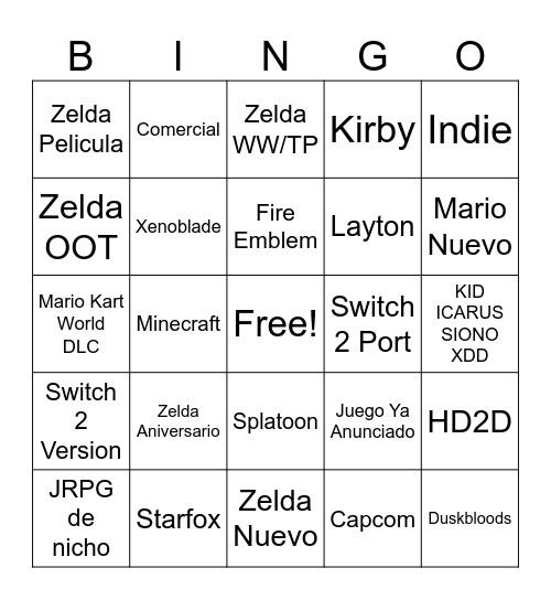 Nintendo Direct 9.6.26 Bingo Card