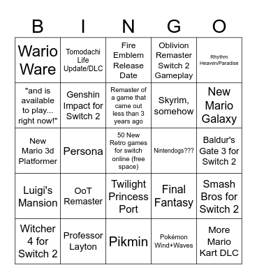 Nintendo Direct June 26 Bingo Card