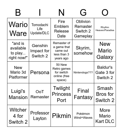 Nintendo Direct June 26 Bingo Card