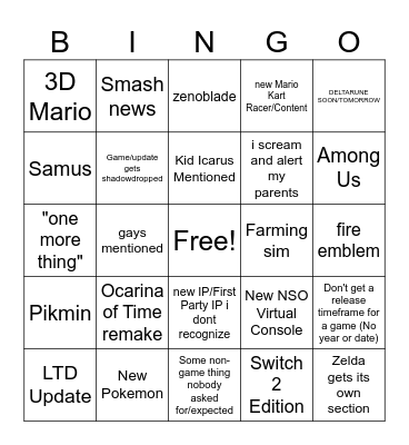nintendo direct Bingo Card