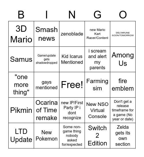nintendo direct Bingo Card