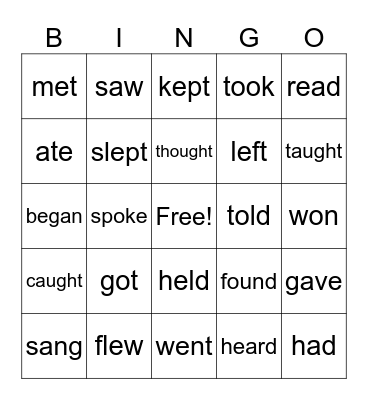 Irregular Verbs Bingo Card