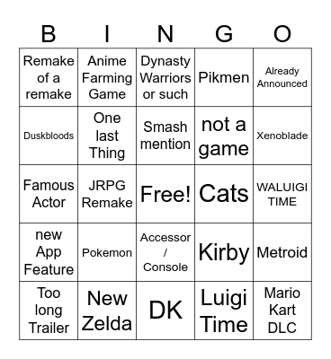Nintendo Direct Bingo Card