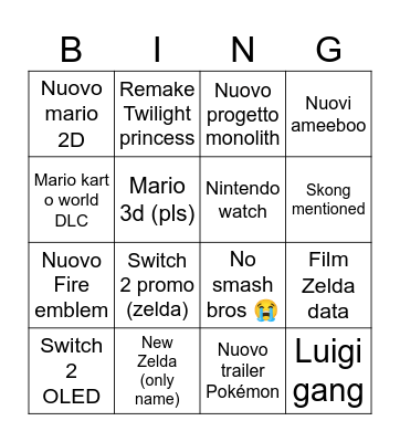 Nintendo Direct Bingo Card