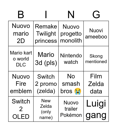 Nintendo Direct Bingo Card