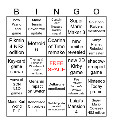 Nintendo Direct 6.9.2026 Bingo Card