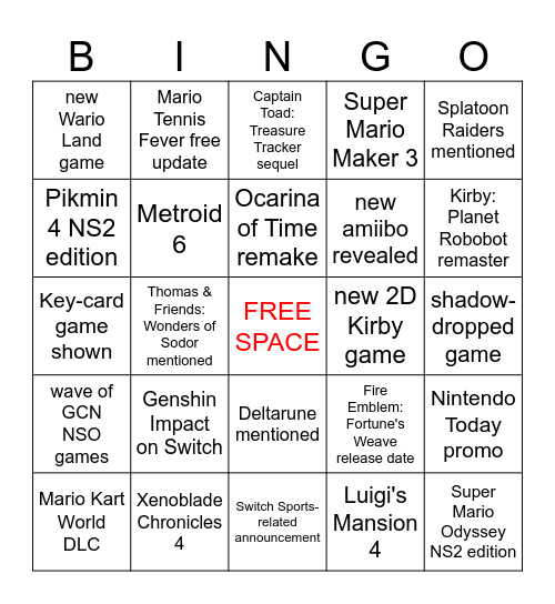Nintendo Direct 6.9.2026 Bingo Card