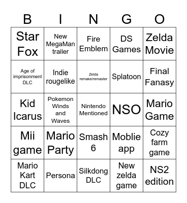 Nintendo Direct Bingo Card