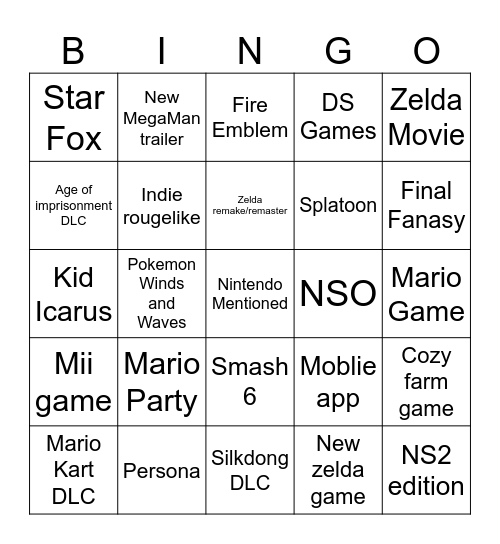 Nintendo Direct Bingo Card