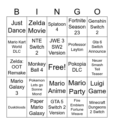 Nintendo Direkt reinscheißen Bingo Card
