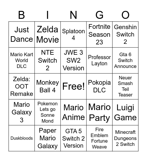 Nintendo Direkt reinscheißen Bingo Card
