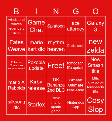 Nintendo Direct Bingo Card