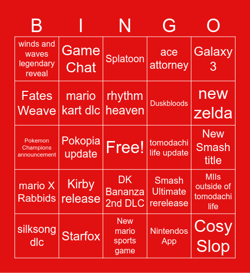 Nintendo Direct Bingo Card