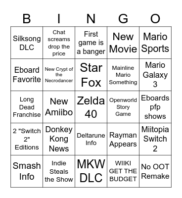 Nintendo Direct 6/9 C2GS Bingo Card