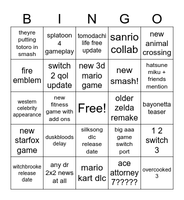 nintendo direct june 2026 bingo Card