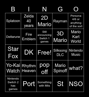 Nintendo Direct 6/9/2026 Bingo Card