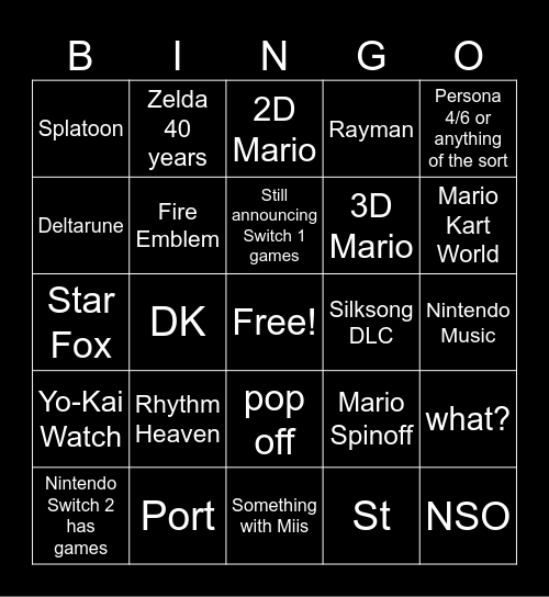 Nintendo Direct 6/9/2026 Bingo Card