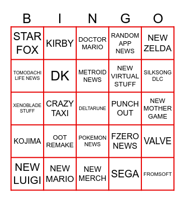 Nintendo Direct Bingo Card